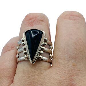 Sajen Sterling Silver Black Onyx Ring Size 7 Triangle 3 Band Designer Adjustable